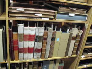 Leather-bound books on wooden shelves. Each book has a small piece of paper stuck inside like a bookmark.