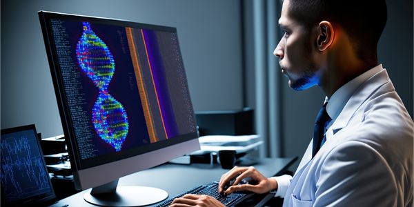 Person in a lab coat working at a computer with renderisng of DNA strand