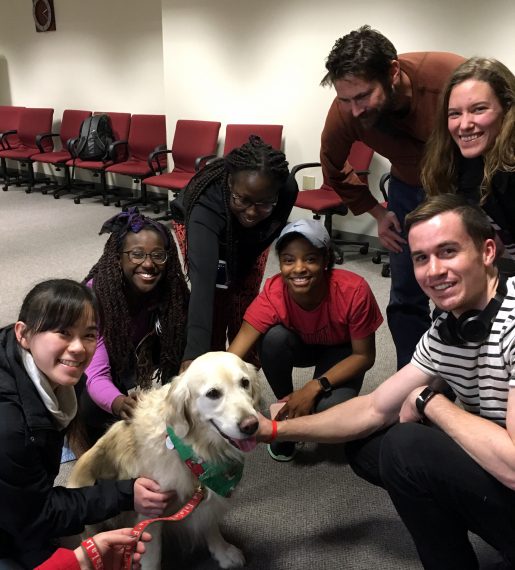crowd of students with golden retriever