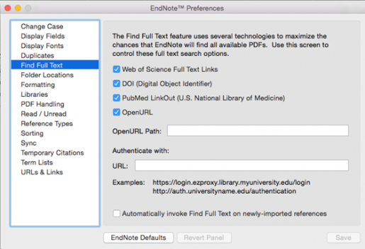 EndNote Preferences box for Find Full Text