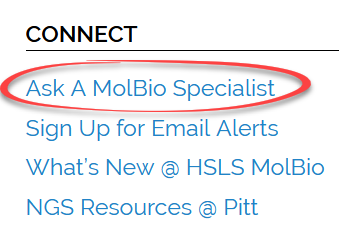 Link to Ask a MolBio Specialist, in the Connect menu