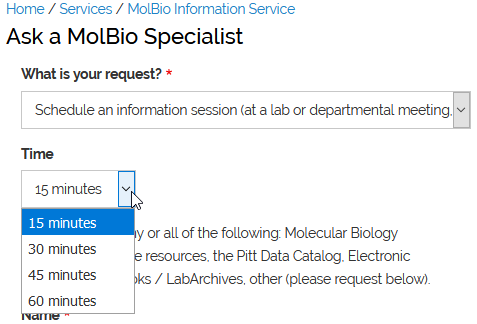 Ask A MolBio Specialist form options for an information session
