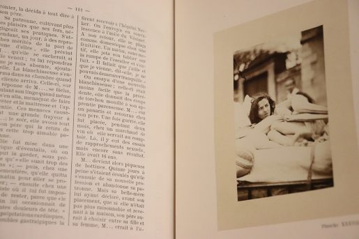 Book page with French text on left side and image of woman on the right side