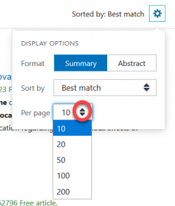 Arrow circled next to Per page menu with options 10, 20, 50, 100, and 200