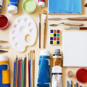 Paint, sculpting tools, and canvases for creative art projects