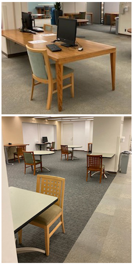 Chairs next to computers or tables for library use