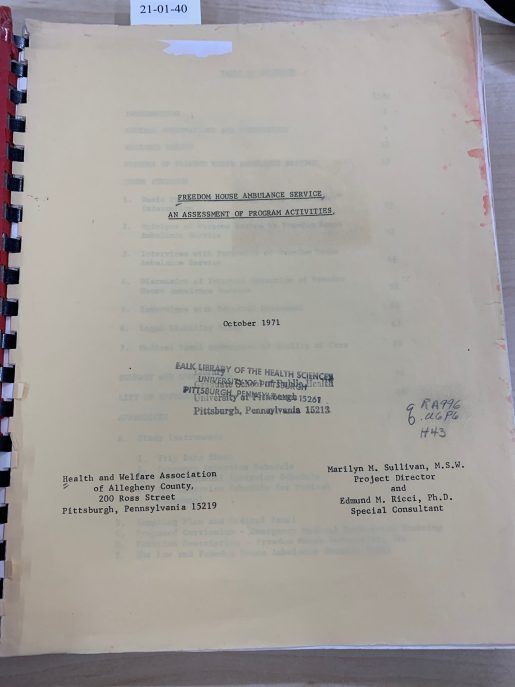Spiral-bound document with typewritten text. Title reads “Freedom House Ambulance Service: an assessment of program activities”