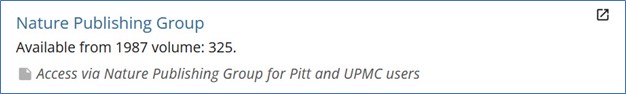 Screenshot of article title with access note reading "Access via Nature Publishing Group for Pitt and UPMC users"