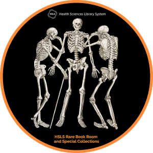 An illustration of three skeletons, with text reading HSLS Rare Book Room and Special Collections.