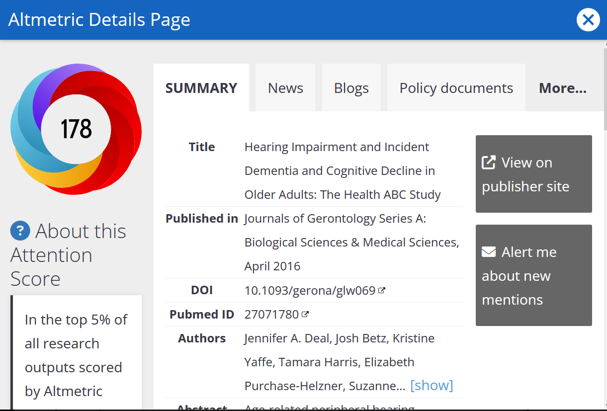 Screenshot of the Altmetric Details page, which shows an Altmetric donut in the top left corner. Below the donut is a key associating the colors with data. Tabs along the top of the page are entitled Summary, News, Blogs, Policy Documents, X, Dimensions Clubhouse. The Summary tab is open and includes the following information: article title, publishing location, ISBN, PubMed ID, authors, abstract, and a world map of demographic information that is presented in the donut chart. This is included as an example of the Altmetric dashboard, and the specific data is not relevant to the article.