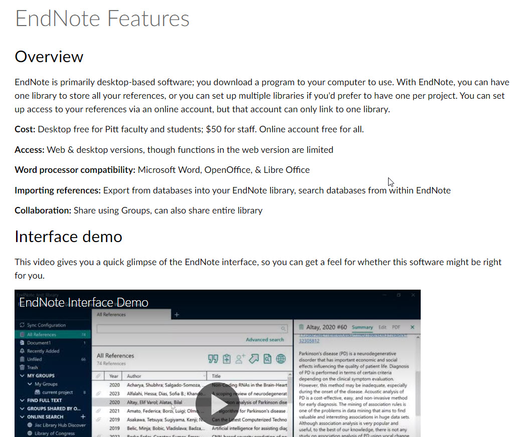 Screenshot of a self-paced module titled EndNote Features. Below the title is an overview of the class, followed by a video titled Interface Demo.