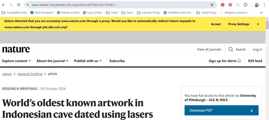 Screenshot of a webpage with a yellow message at the top of the page reading: "Zotero detected that you are accessing www.nature.com through a proxy. Would you like to automatically redirect future requests to www.nature.com through pitt.idm.odc.org?" Next to this message are buttons reading "Accept" and "Proxy Settings."