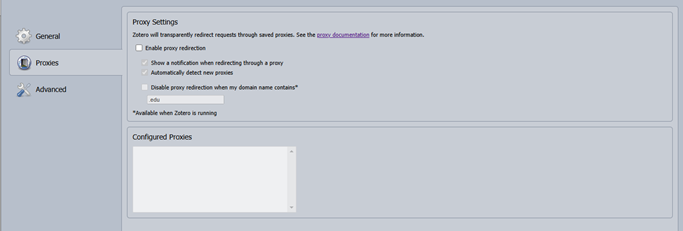 Screenshot of Zotero proxy settings. A box reading "Enable proxy redirection" is unchecked.