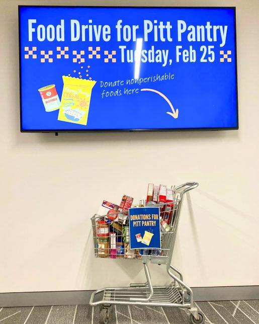 A shopping card filled with shelf-stable foods, with a sign that reads "Donations for Pitt Pantry"