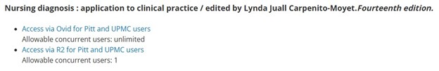 Screenshot of the title of the book "Nursing diagnosis" with two links for access, one via Ovid for Pitt and UPMC users and one via R2 for Pitt and UPMC users.