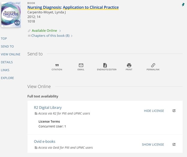 A screenshot of a web dashboard showing a book title and cover at the top, and below these a section titled "View Online. Full text availability." This is followed by links to the R2 Digital Library and Ovid e-books. Under the R2 Digital Library is displayed a license that reads "License terms. Concurrent user: 1."