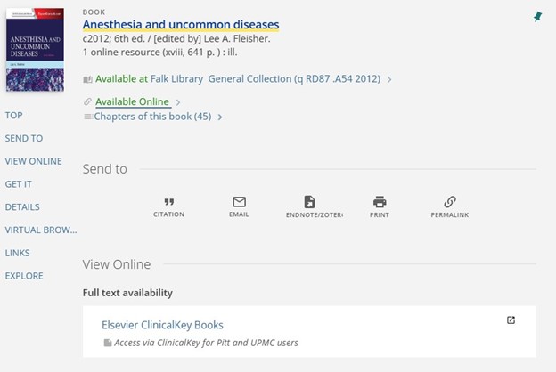 Screenshot of a web portal with a book title and cover at the top. Below this reads "View Online. Full text availability." Followed by a link to Elsevier ClinicalKey Books. No license information is included.