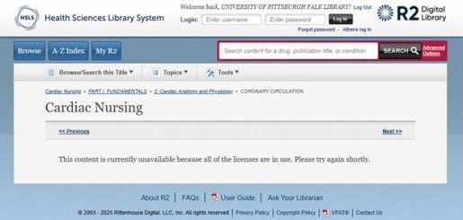 Screenshot of a web portal with a book title at the top. A message below the title reads "This content is currently unavailable because all of the licenses are in use. Please try again shortly."