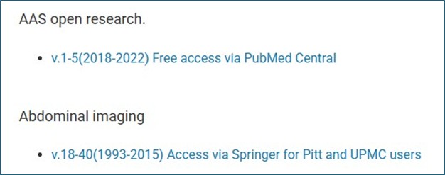Screenshot of resource titles with links indicating whether they are free access or limited access.